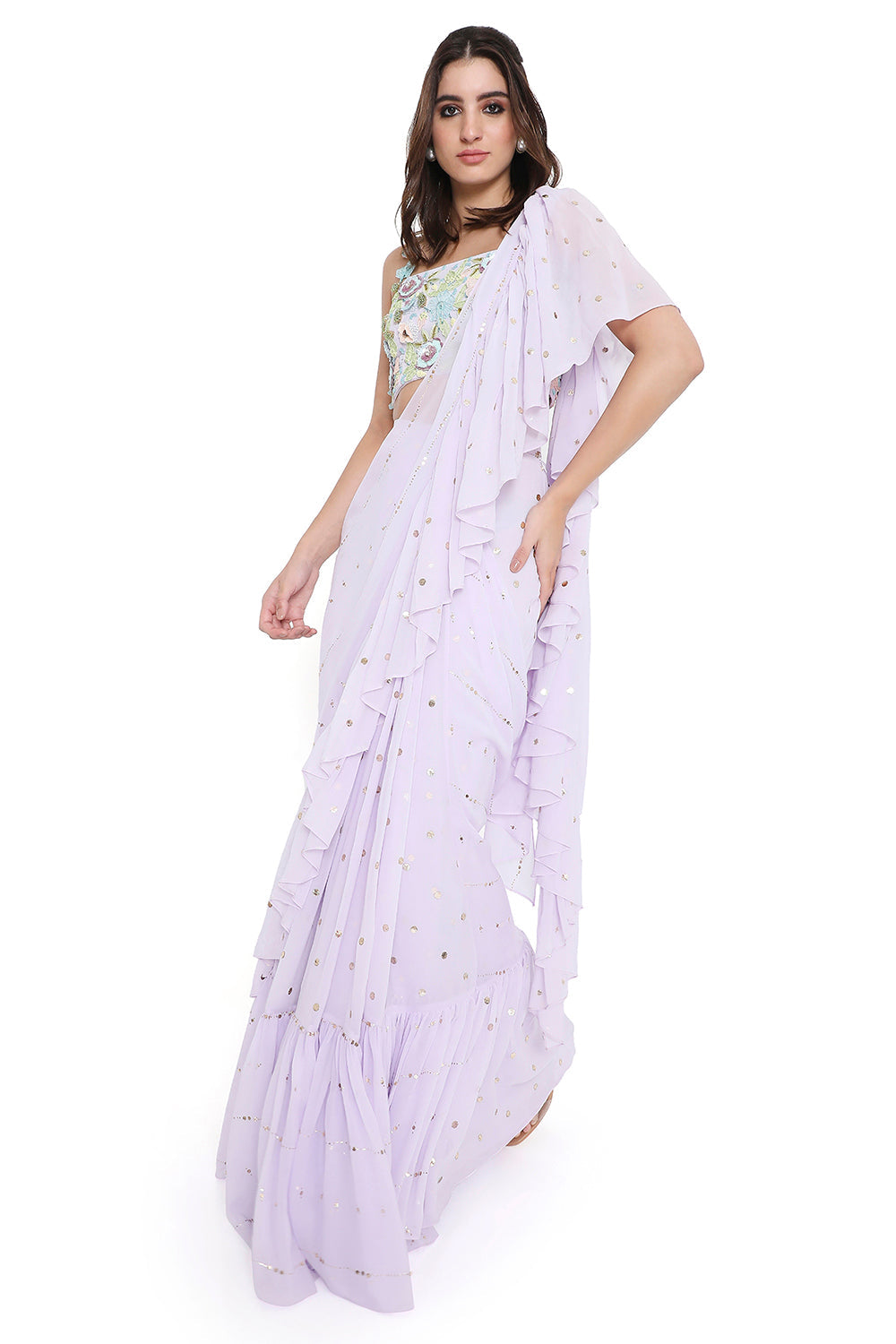 Lavender Embroidered Choli With Pre-Stitched Ruffle Saree