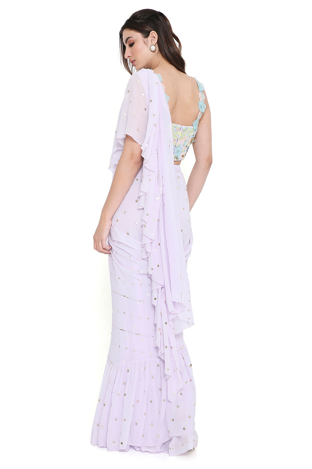 Lavender Embroidered Choli With Pre-Stitched Ruffle Saree