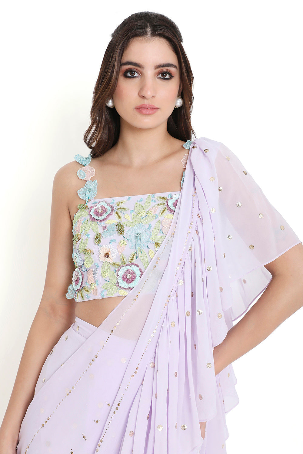 Lavender Embroidered Choli With Pre-Stitched Ruffle Saree