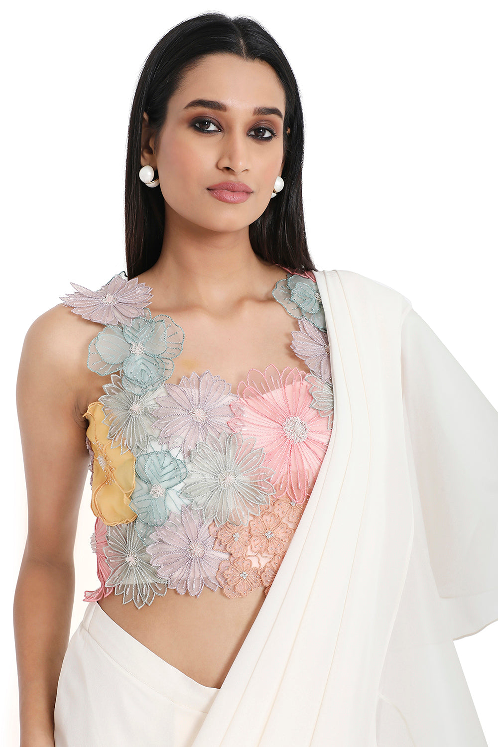 Off White 3D Flower Embroidered Choli And Pre-Stitched Saree With Frill