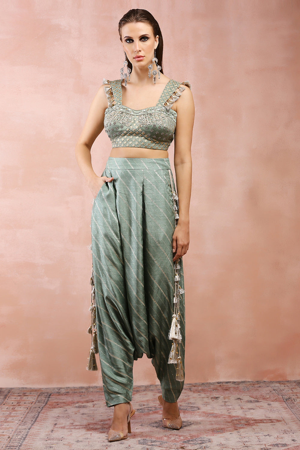 Sage Green Embroidered Corset Top With Lowcrotch Pant