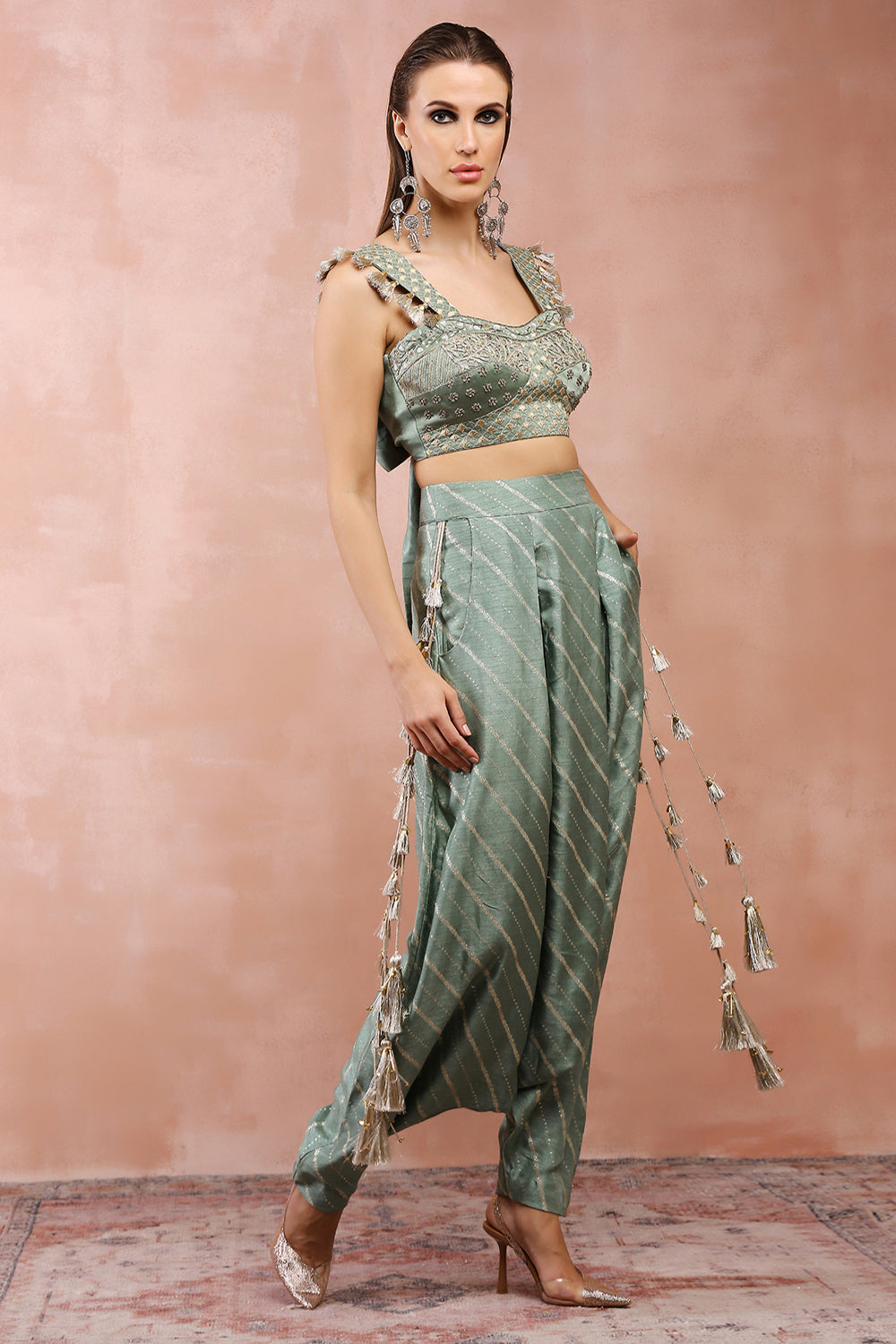 Sage Green Embroidered Corset Top With Lowcrotch Pant