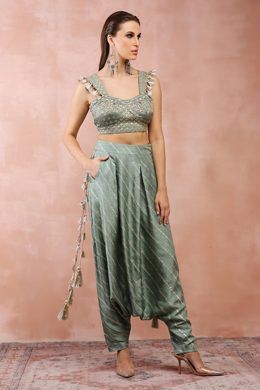 Sage Green Embroidered Corset Top With Lowcrotch Pant