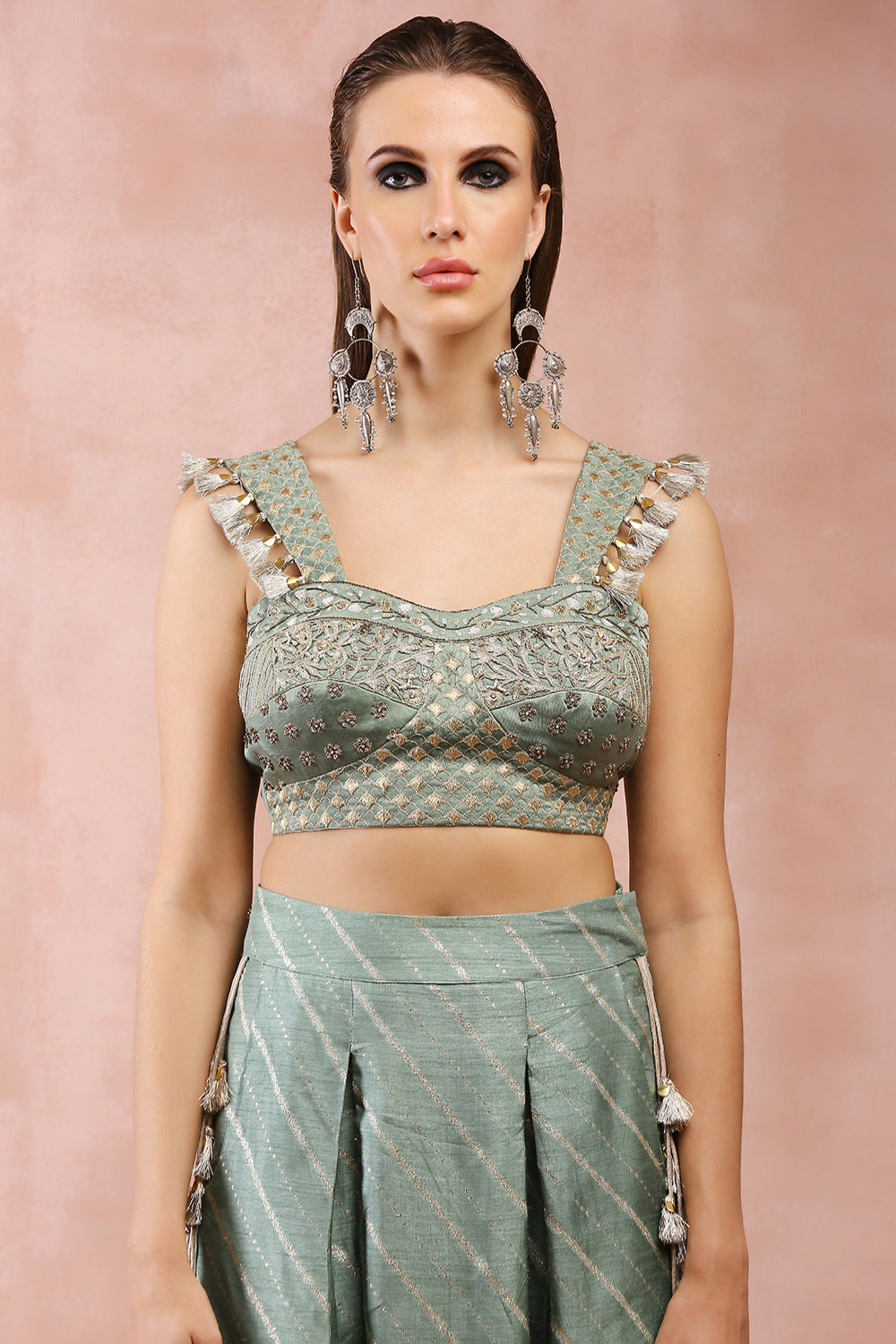 Sage Green Embroidered Corset Top With Lowcrotch Pant