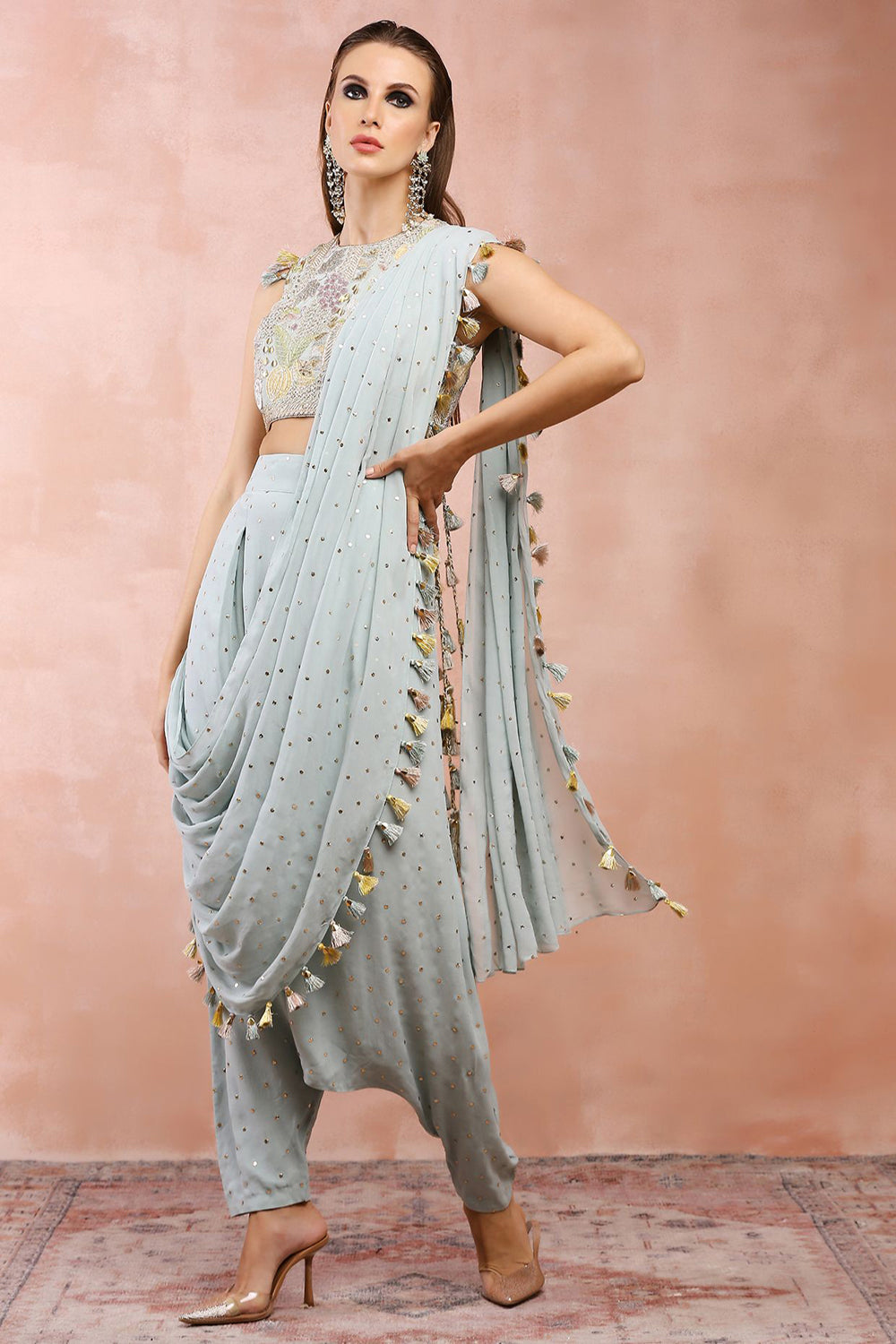 Powder Blue Applique Embroidered Choli And Low Crotch Pant With Attached Drape