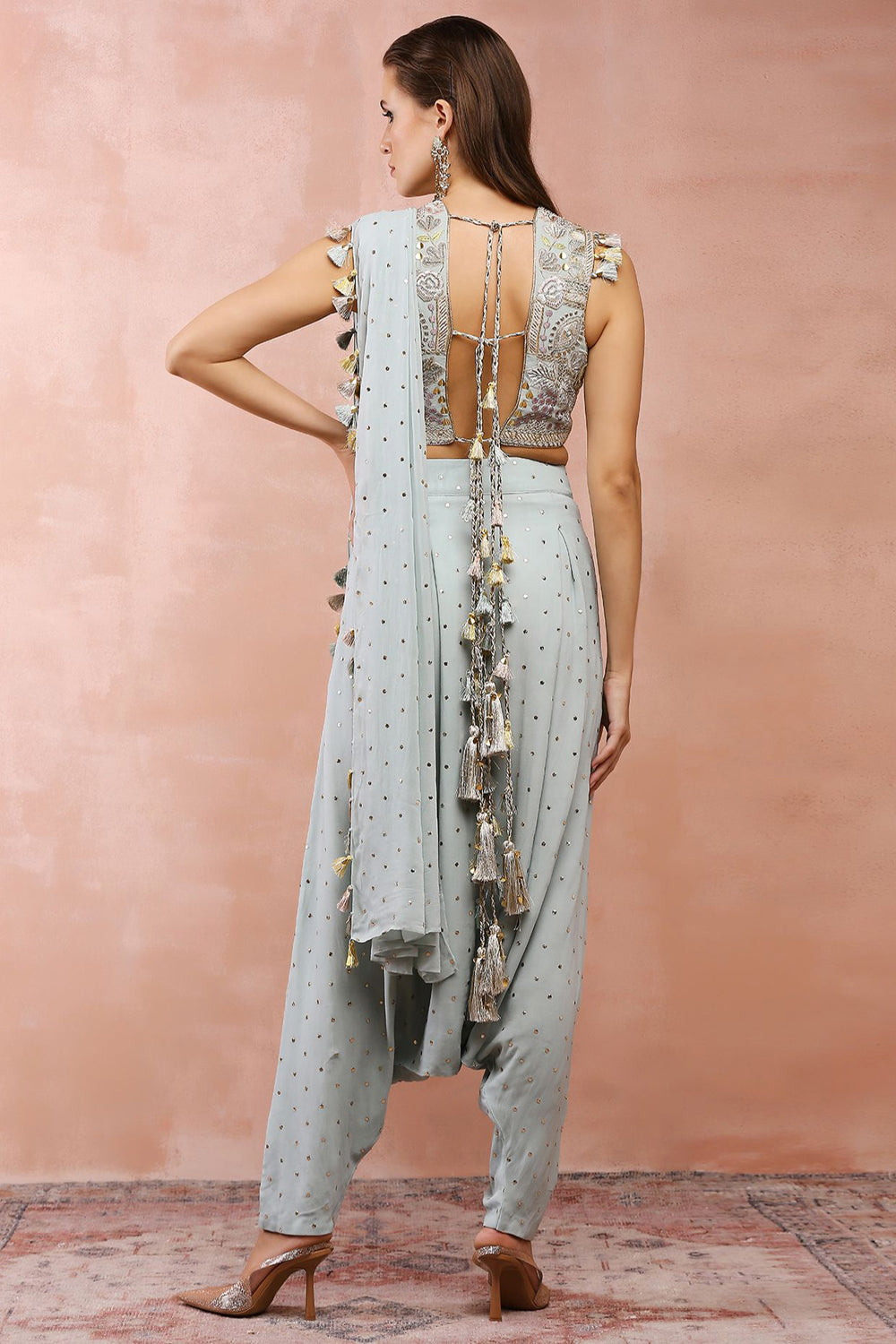 Powder Blue Applique Embroidered Choli And Low Crotch Pant With Attached Drape