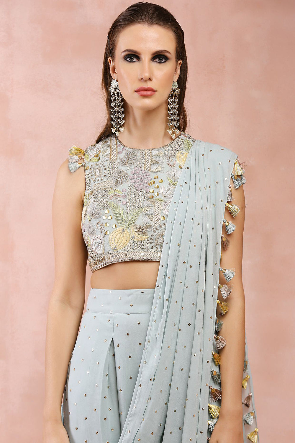 Powder Blue Applique Embroidered Choli And Low Crotch Pant With Attached Drape