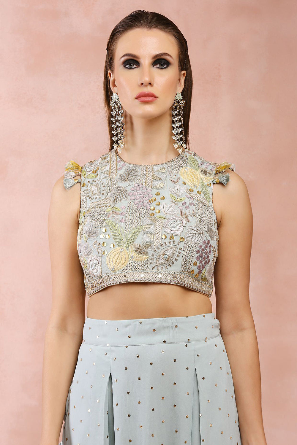 Powder Blue Applique Embroidered Choli And Low Crotch Pant With Attached Drape