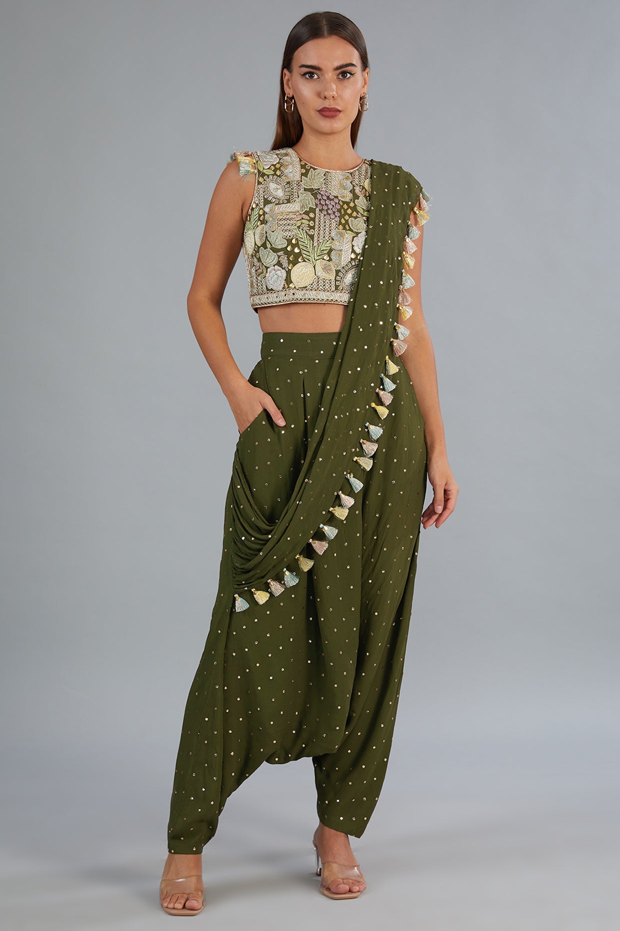 Olive Green Embroidered Top And Low Crotch Pant With Attached Drape