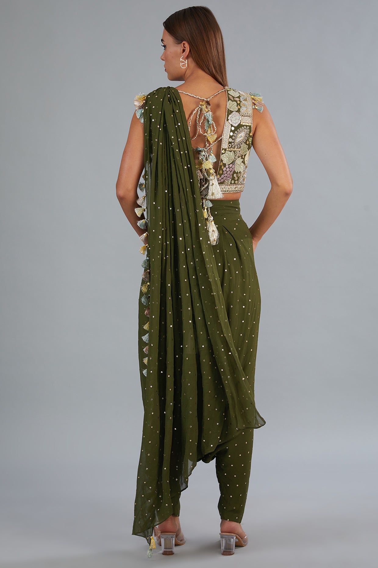 Olive Green Embroidered Top And Low Crotch Pant With Attached Drape