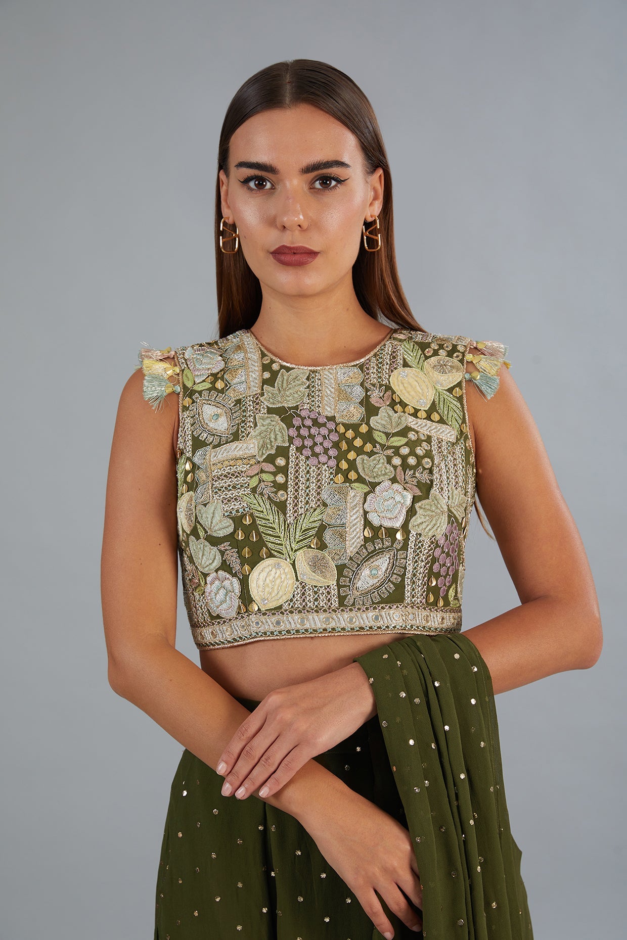 Olive Green Embroidered Top And Low Crotch Pant With Attached Drape