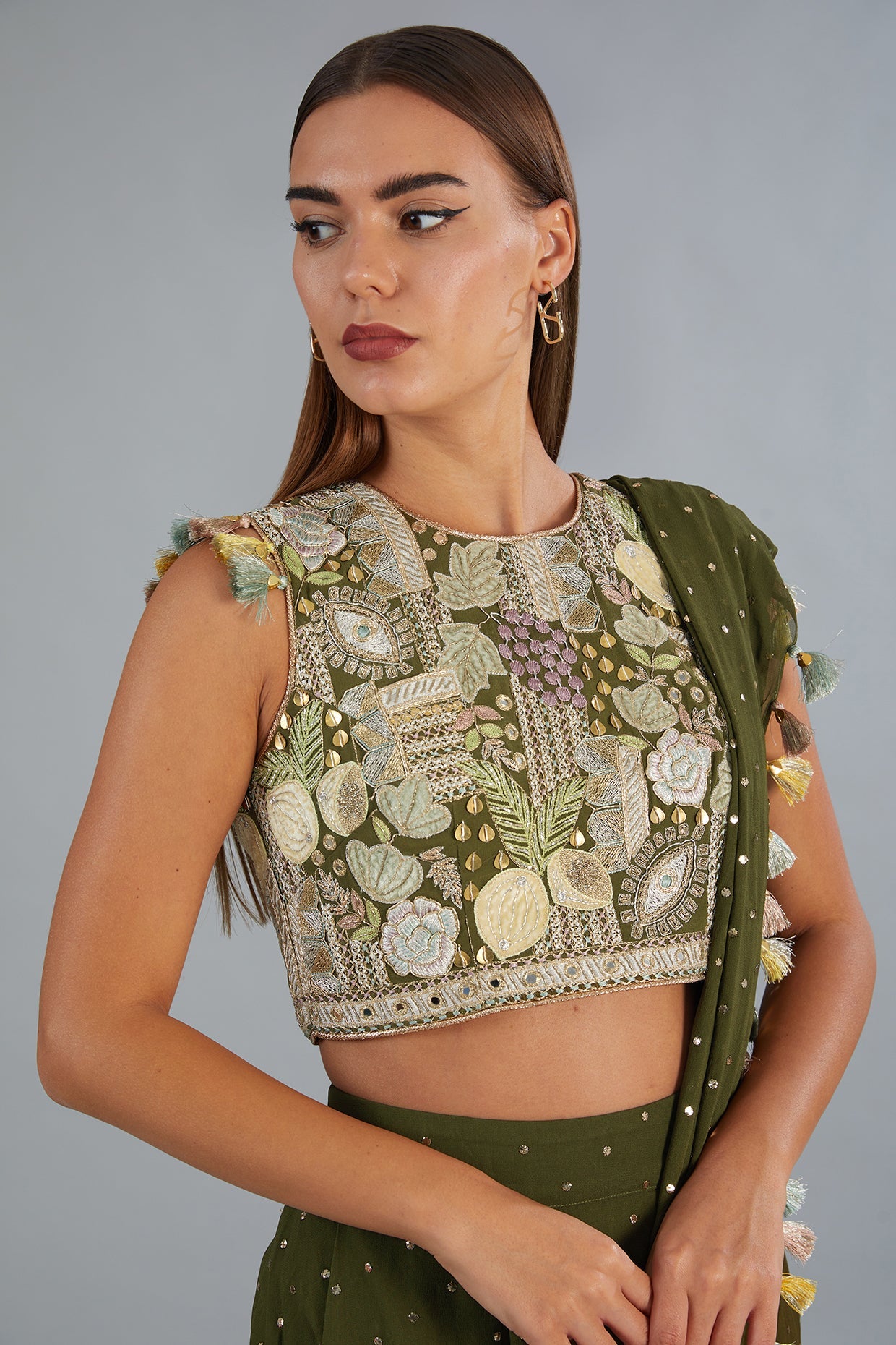 Olive Green Embroidered Top And Low Crotch Pant With Attached Drape