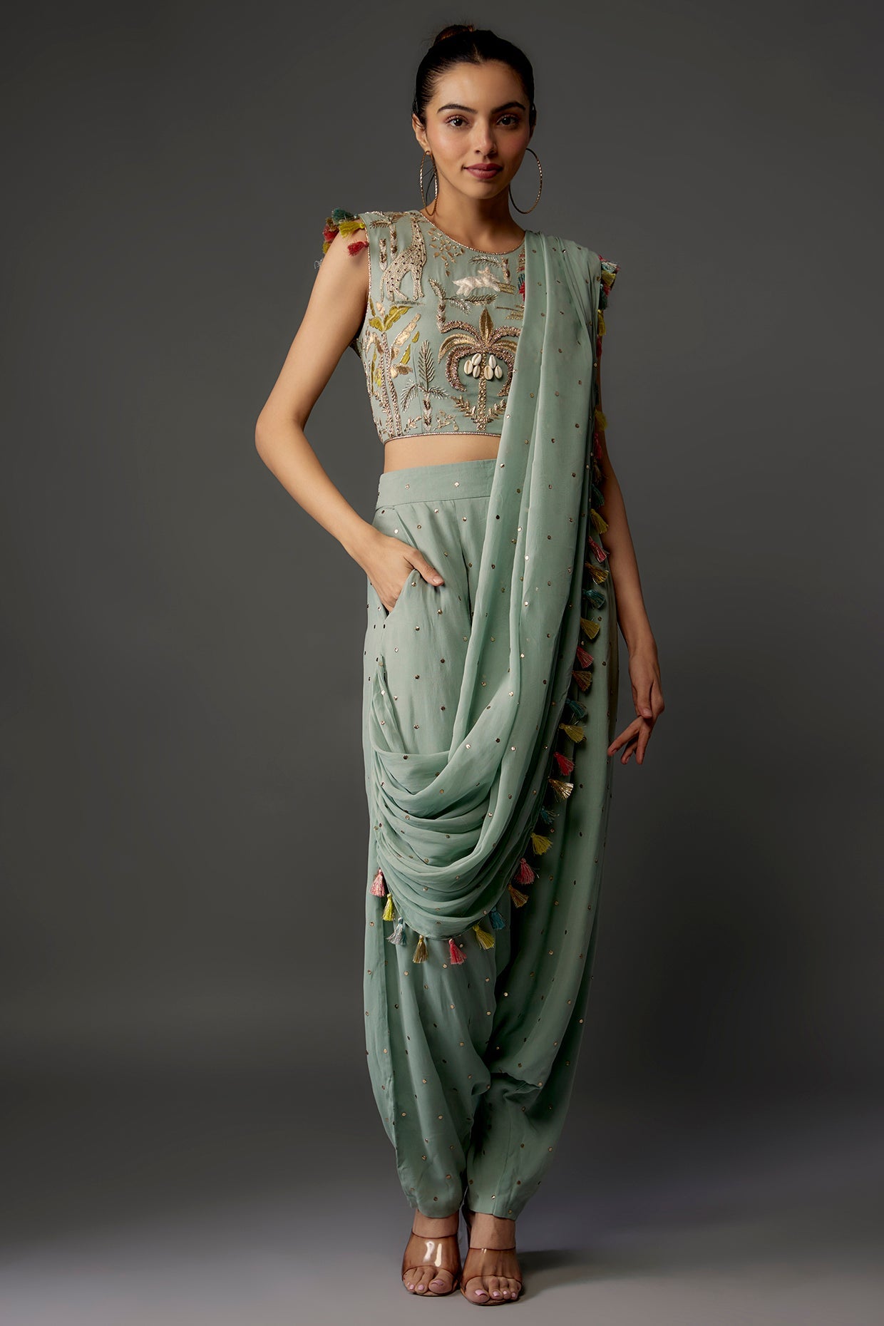 Powder Blue Embroidered Choli And Low Crotch With Attached Drape