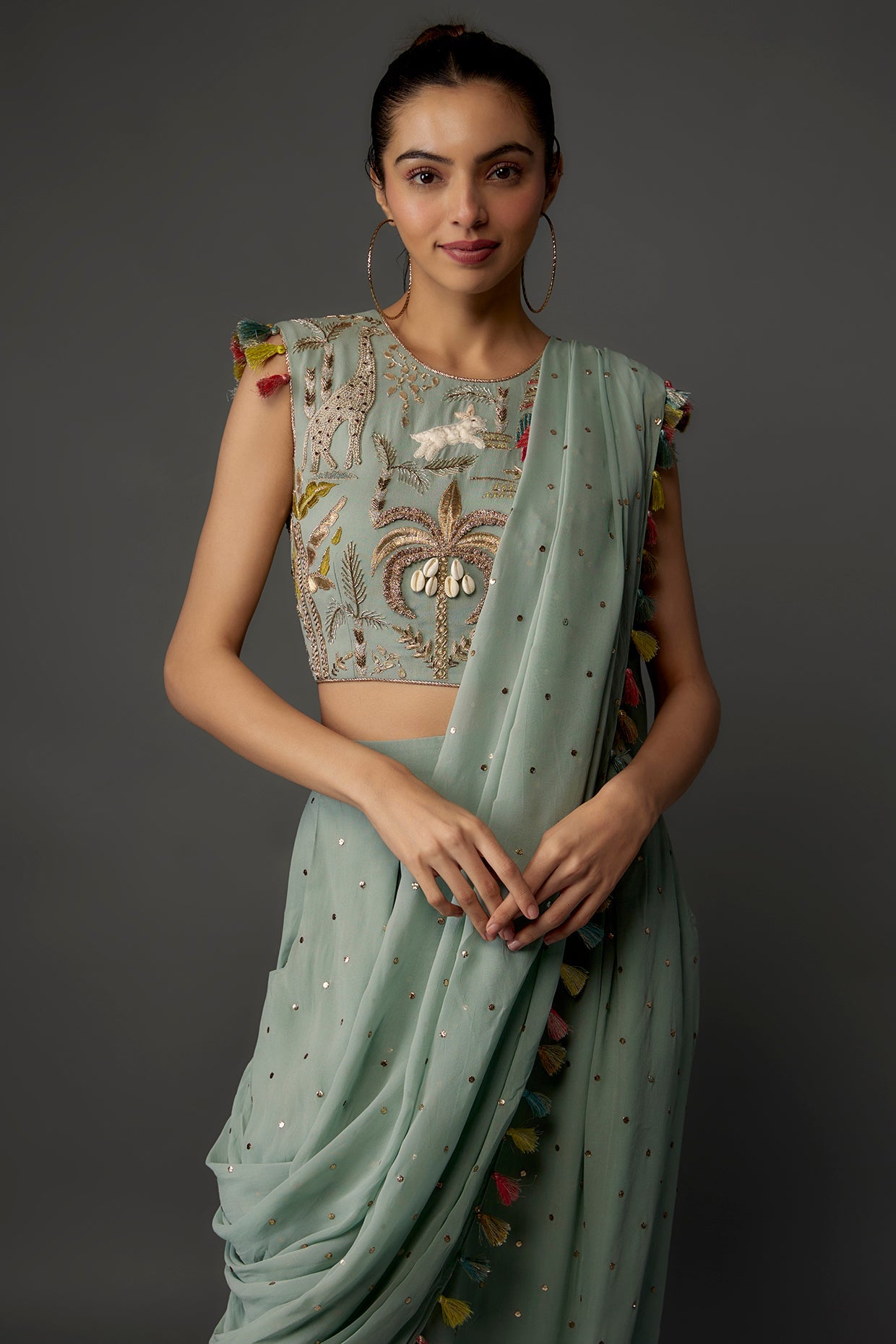 Powder Blue Embroidered Choli And Low Crotch With Attached Drape