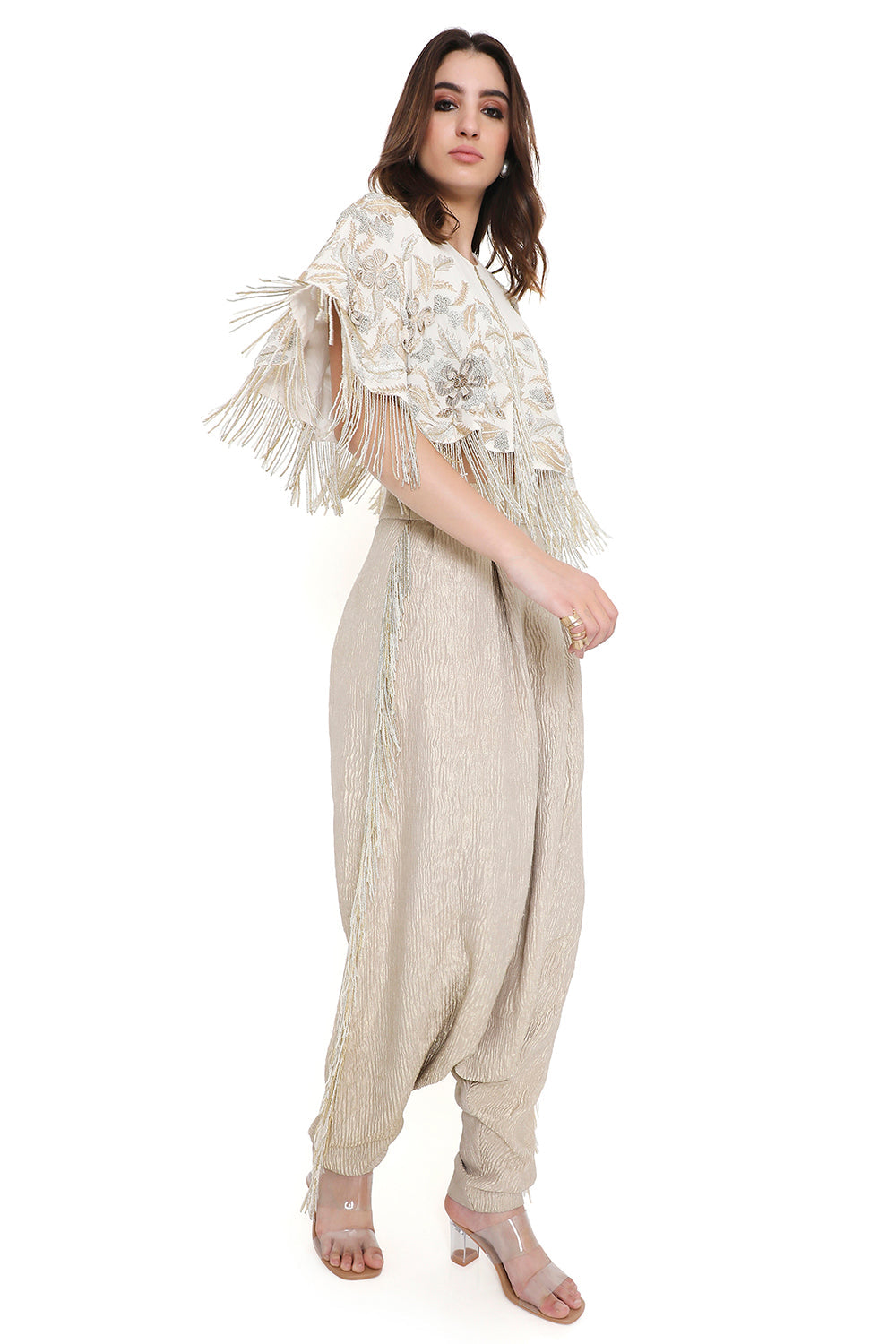 Off White Embroidered Cape And Bustier With Low Crotch Pant