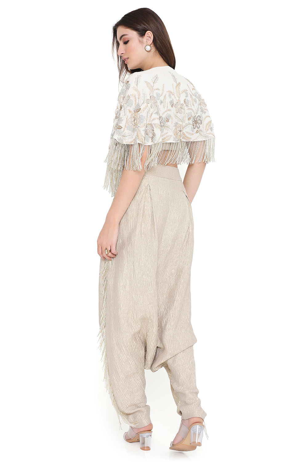 Off White Embroidered Cape And Bustier With Low Crotch Pant