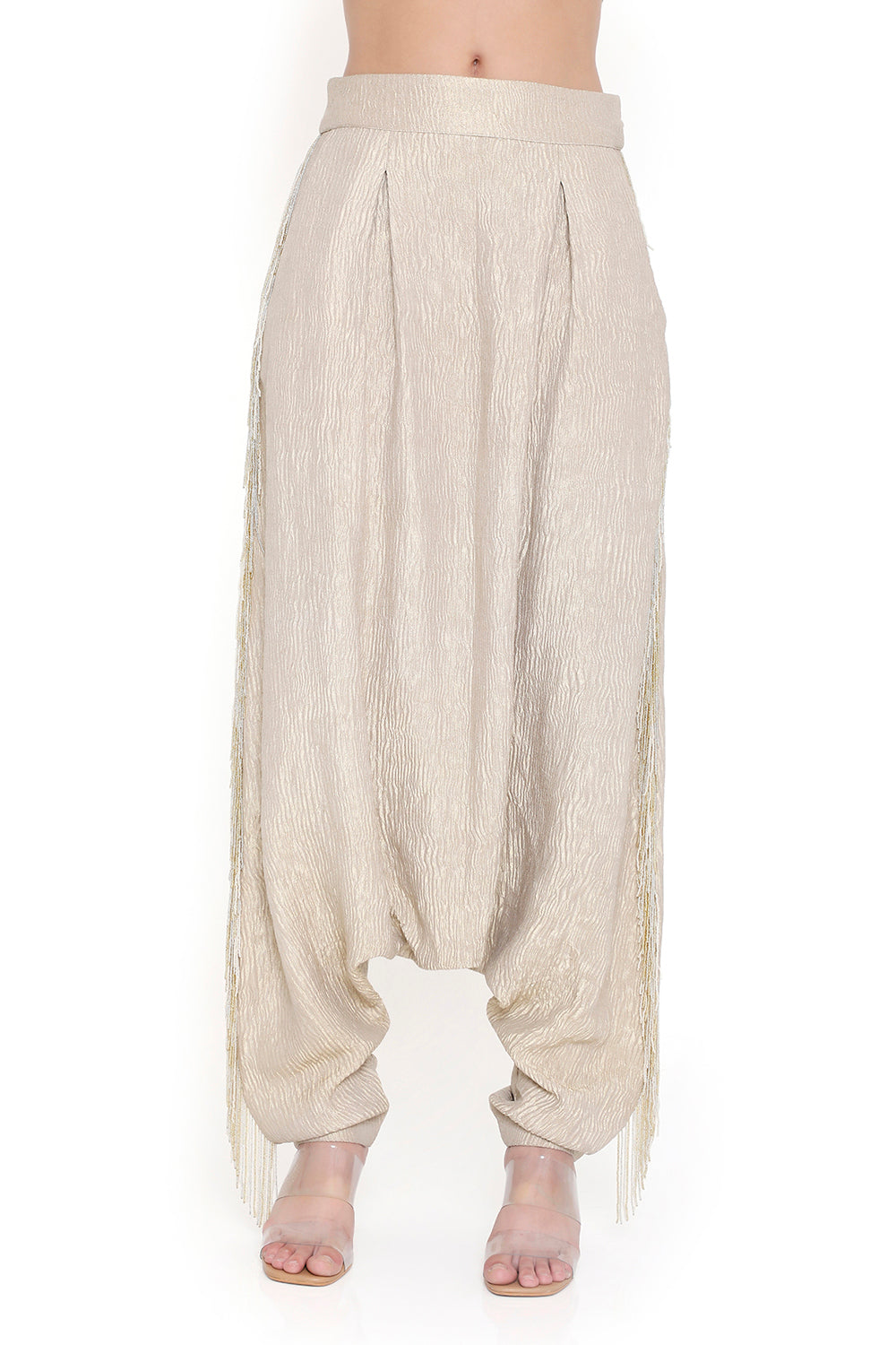 Off White Embroidered Cape And Bustier With Low Crotch Pant