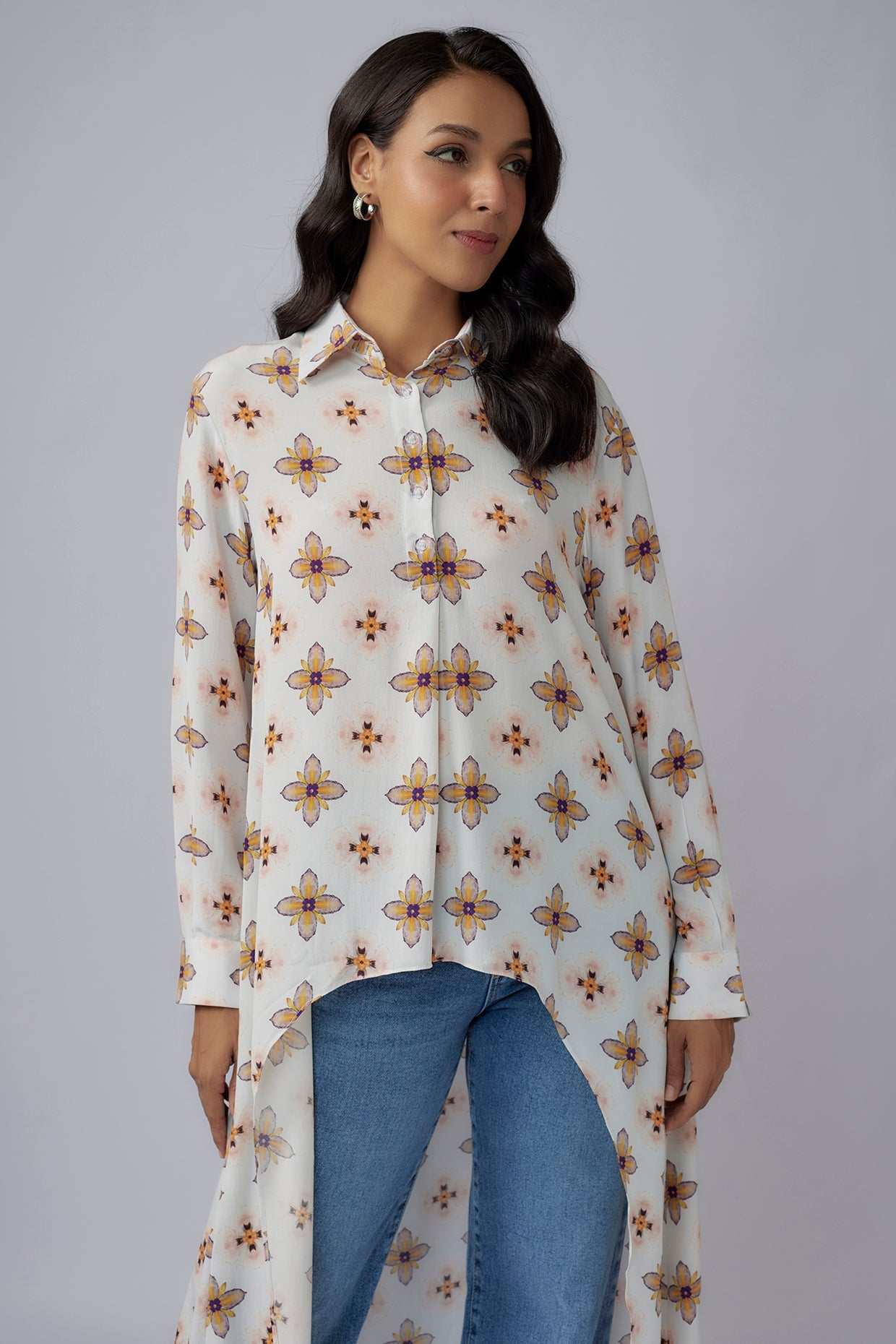 Ivory Printed Crepe High Low Tunic