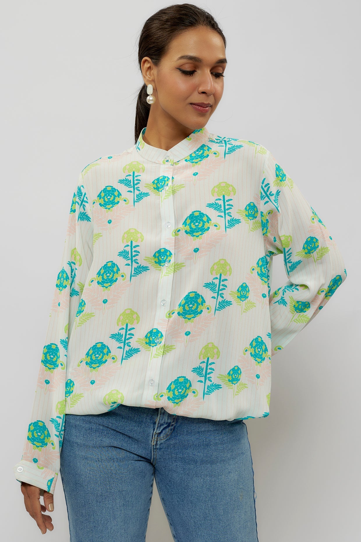 Teal Printed Crepe Front Drawstring Top