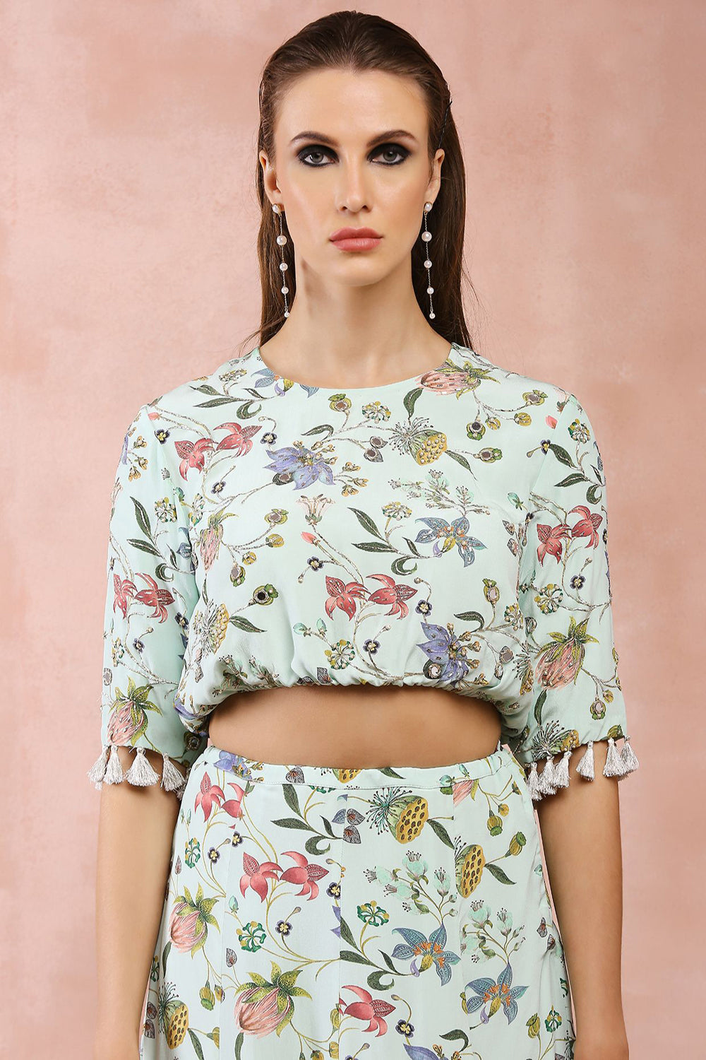 Mint Nargis Print Embroidered Balloon Top With Frill Skirt