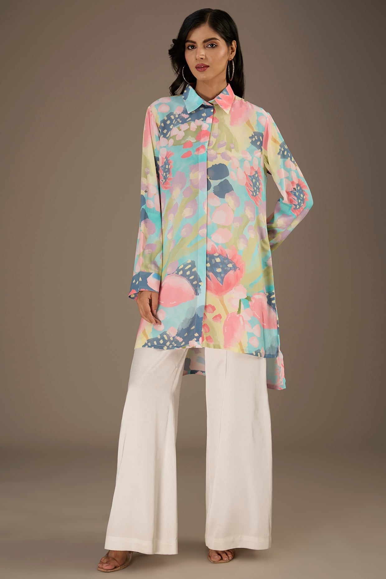 Euphoria Printed Roll-Up Sleeve Shirt Dress