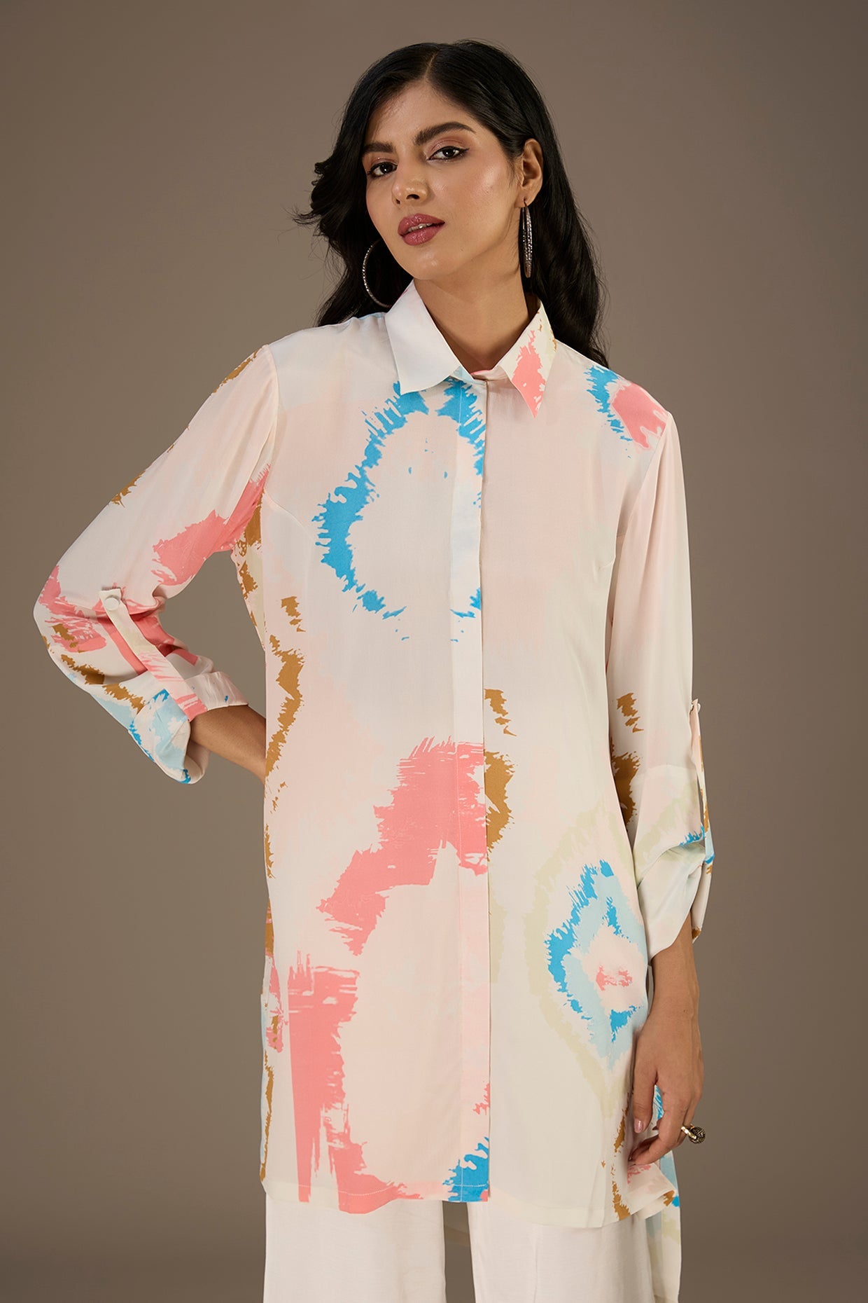 White Printed Roll-Up Sleeve Shirt Dress