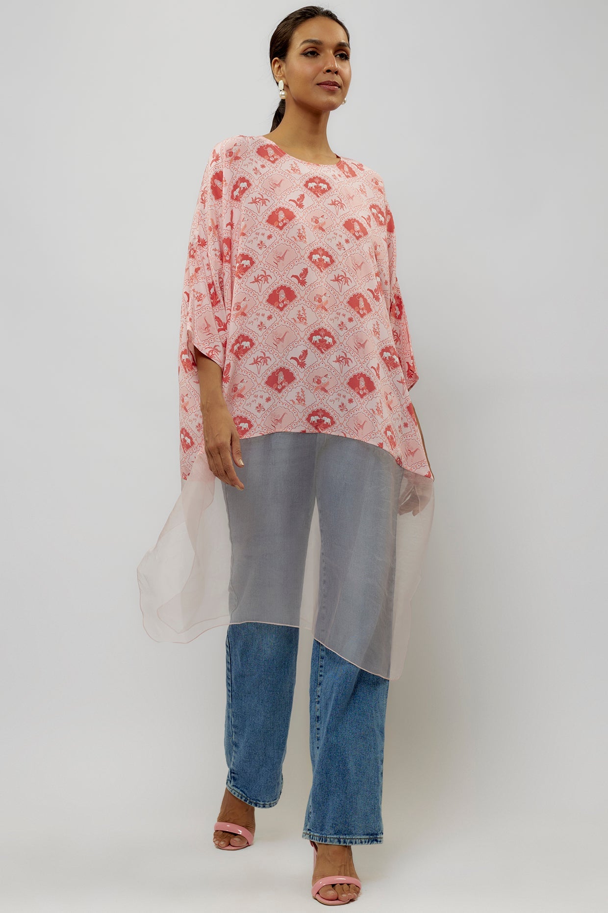 Blush Pink Printed Crepe And Organza Raneem Tunic