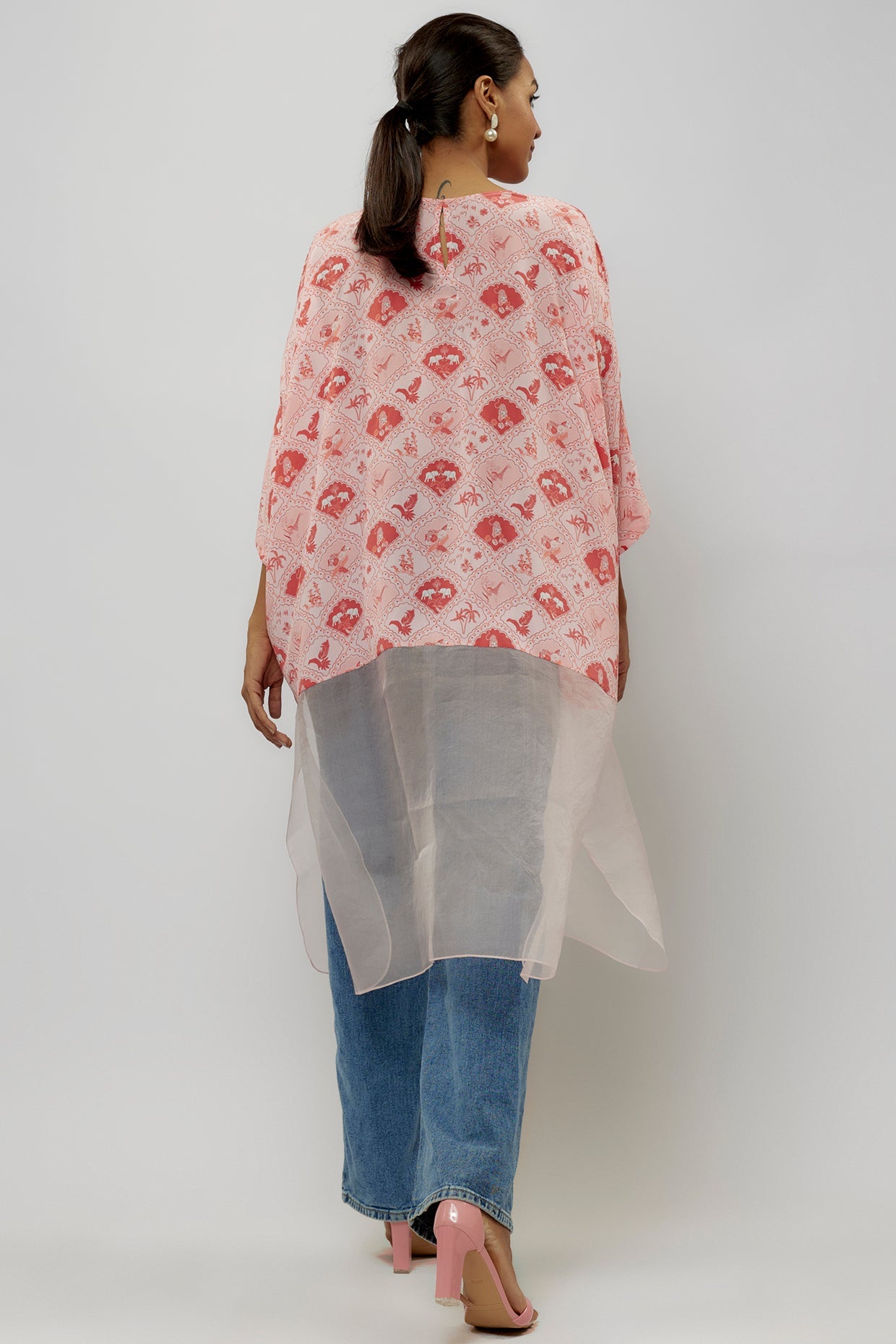 Blush Pink Printed Crepe And Organza Raneem Tunic