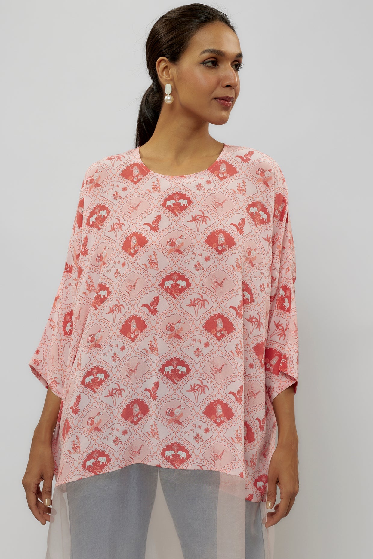 Blush Pink Printed Crepe And Organza Raneem Tunic