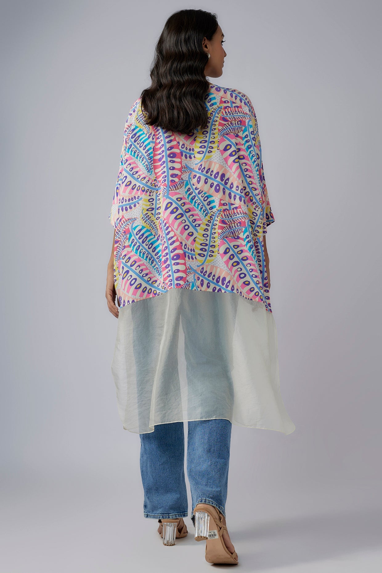 Blue Printed Crepe And Organza Raneem Tunic