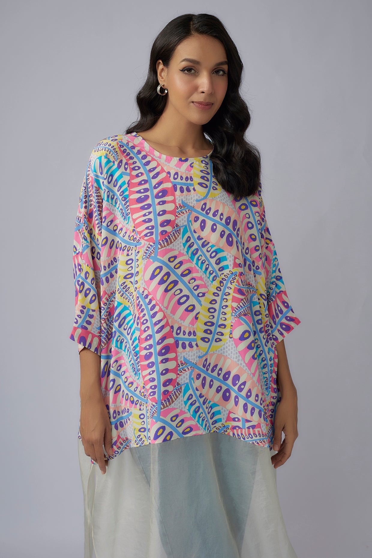 Blue Printed Crepe And Organza Raneem Tunic