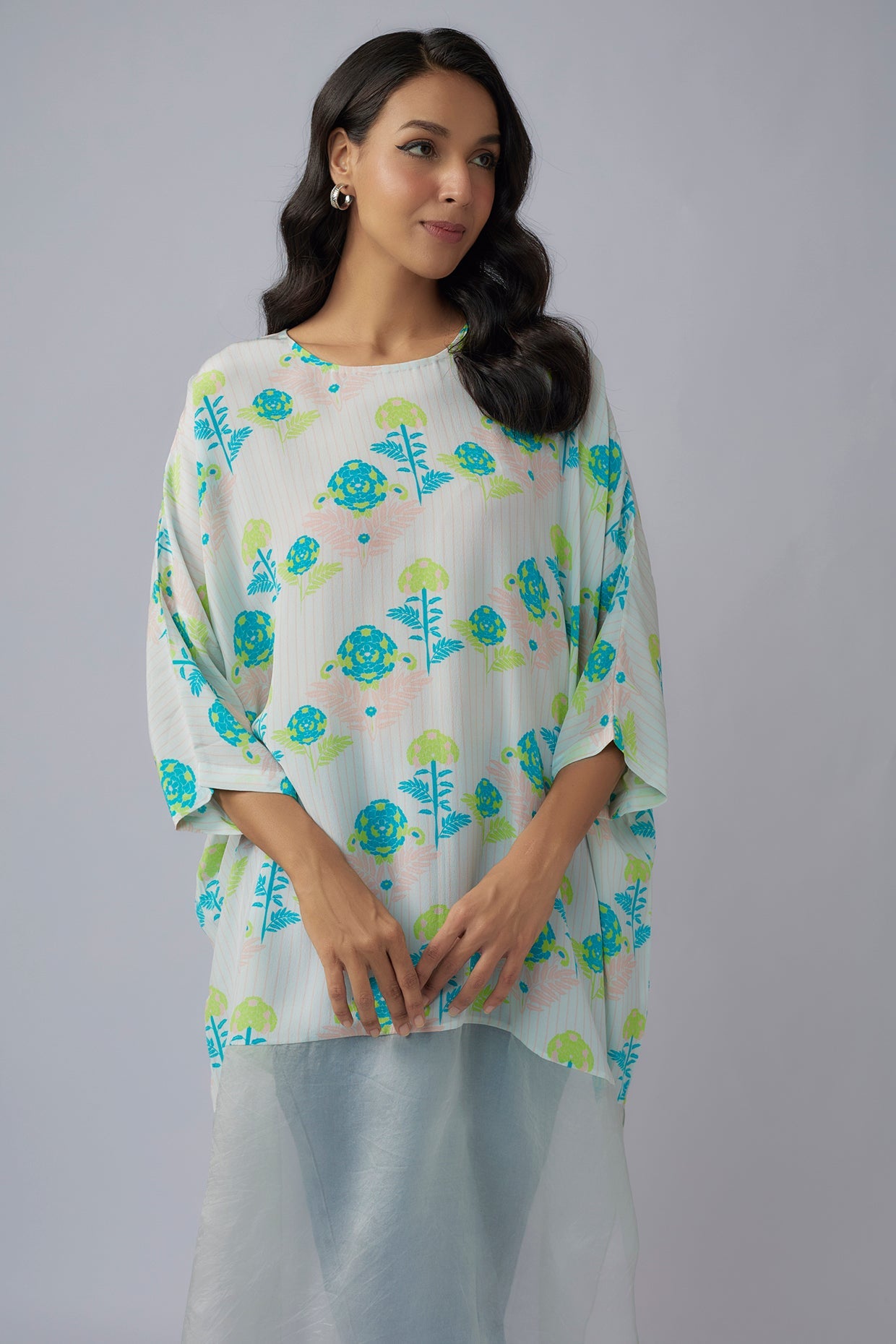 Green Printed Crepe And Organza Raneem Tunic