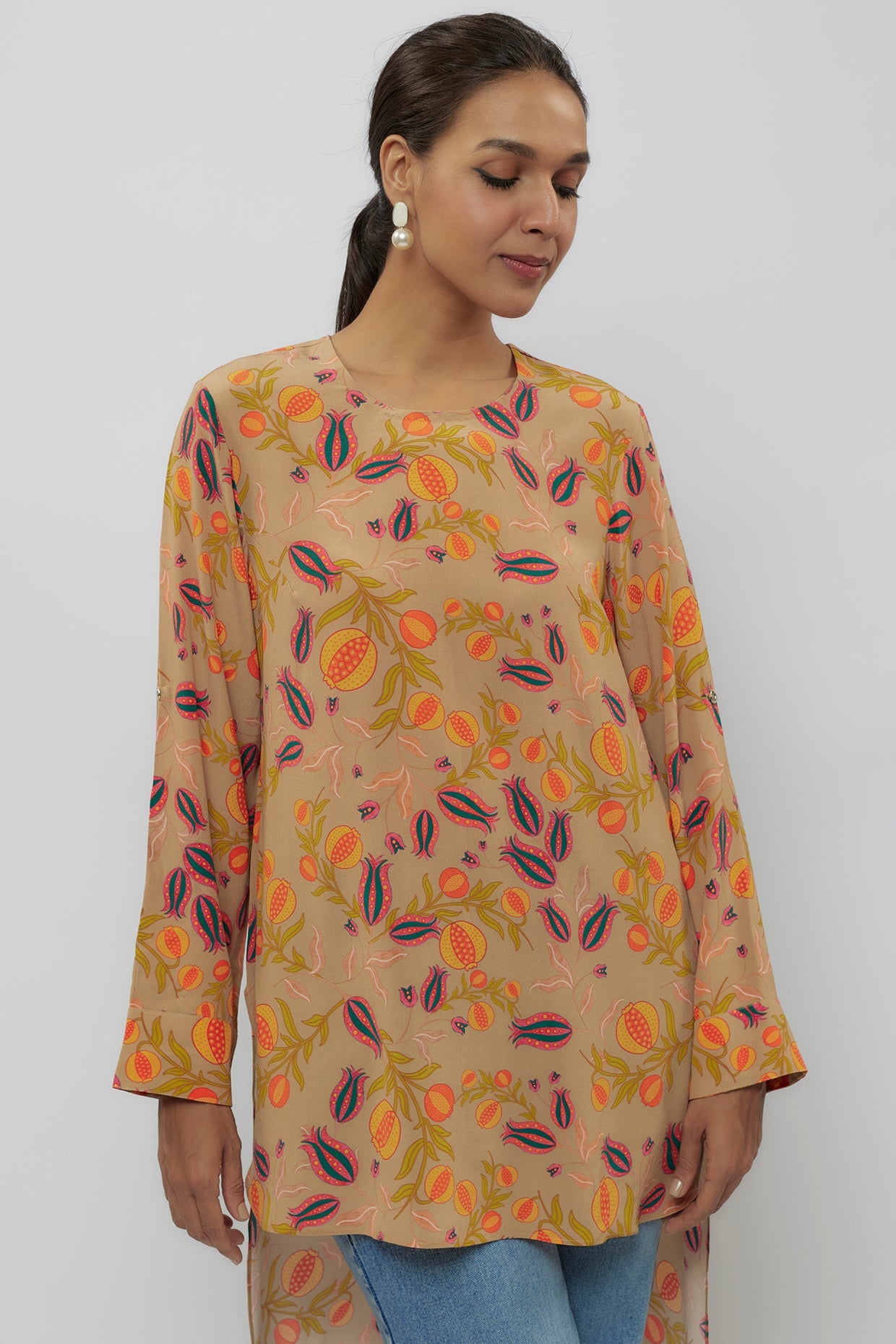 Brown Printed Crepe High Low Rolled Up Sleeves Tunic