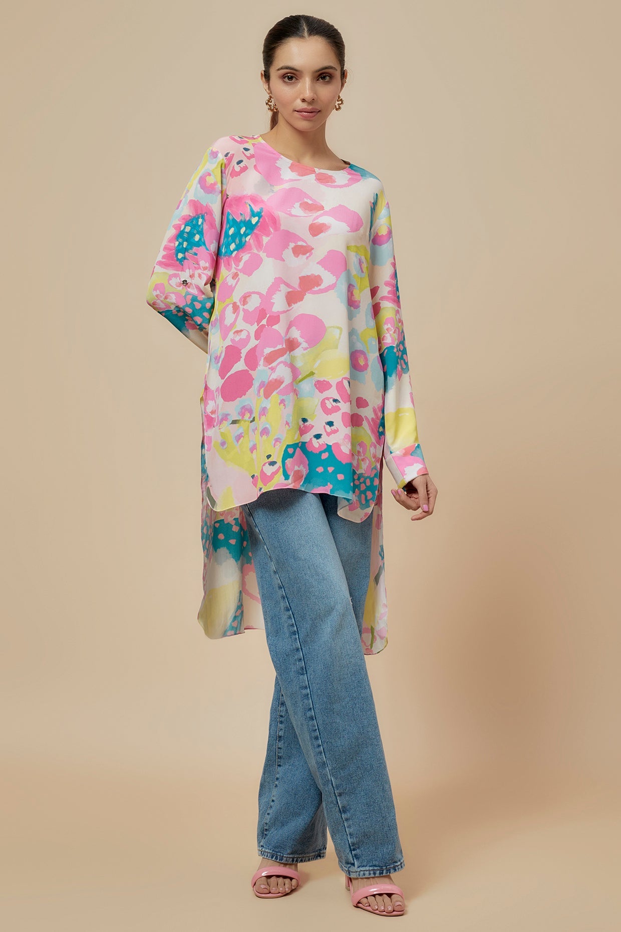 Lime Printed Crepe High Low Tunic With Rolled Up Sleeves