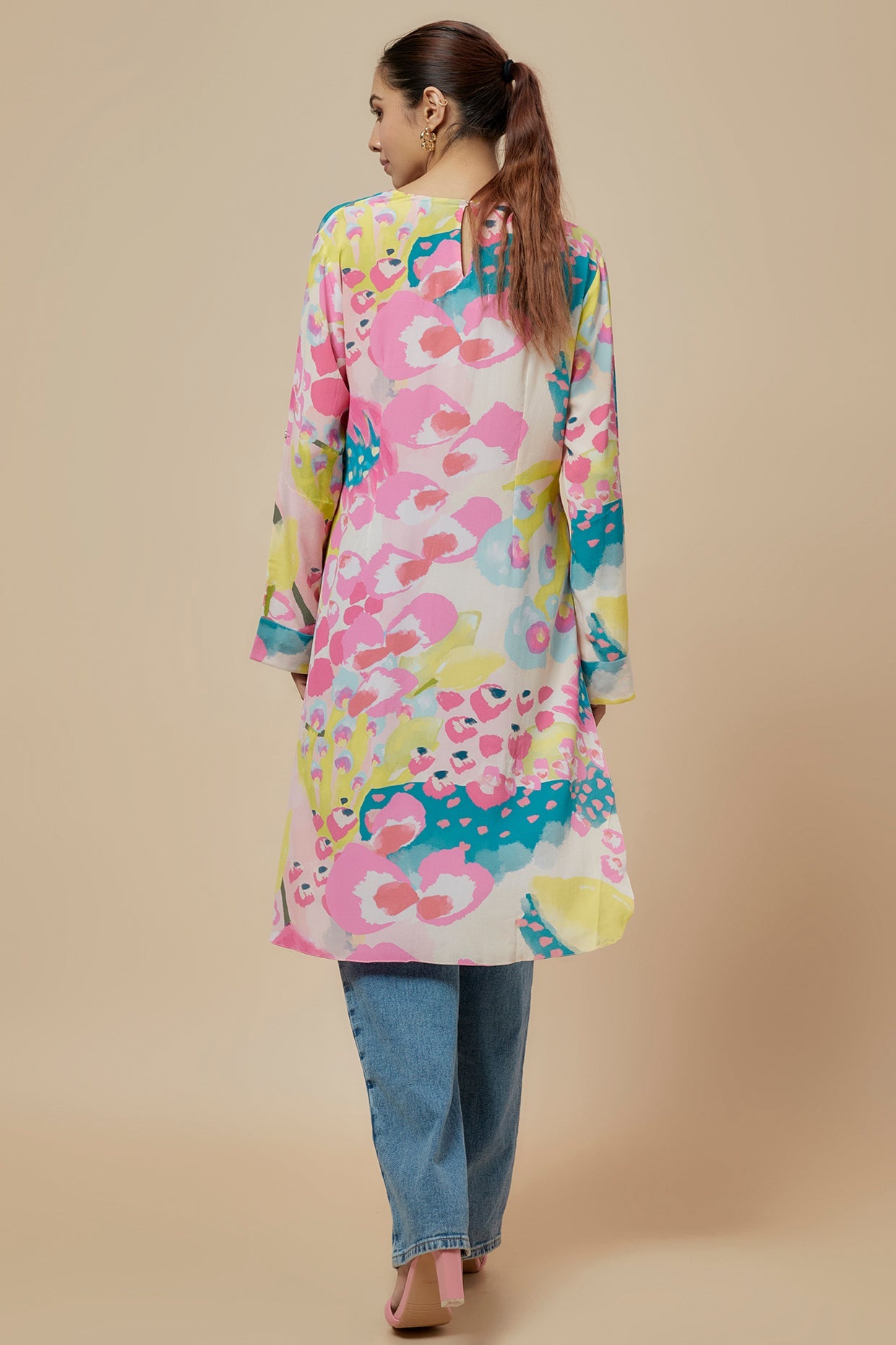 Lime Printed Crepe High Low Tunic With Rolled Up Sleeves