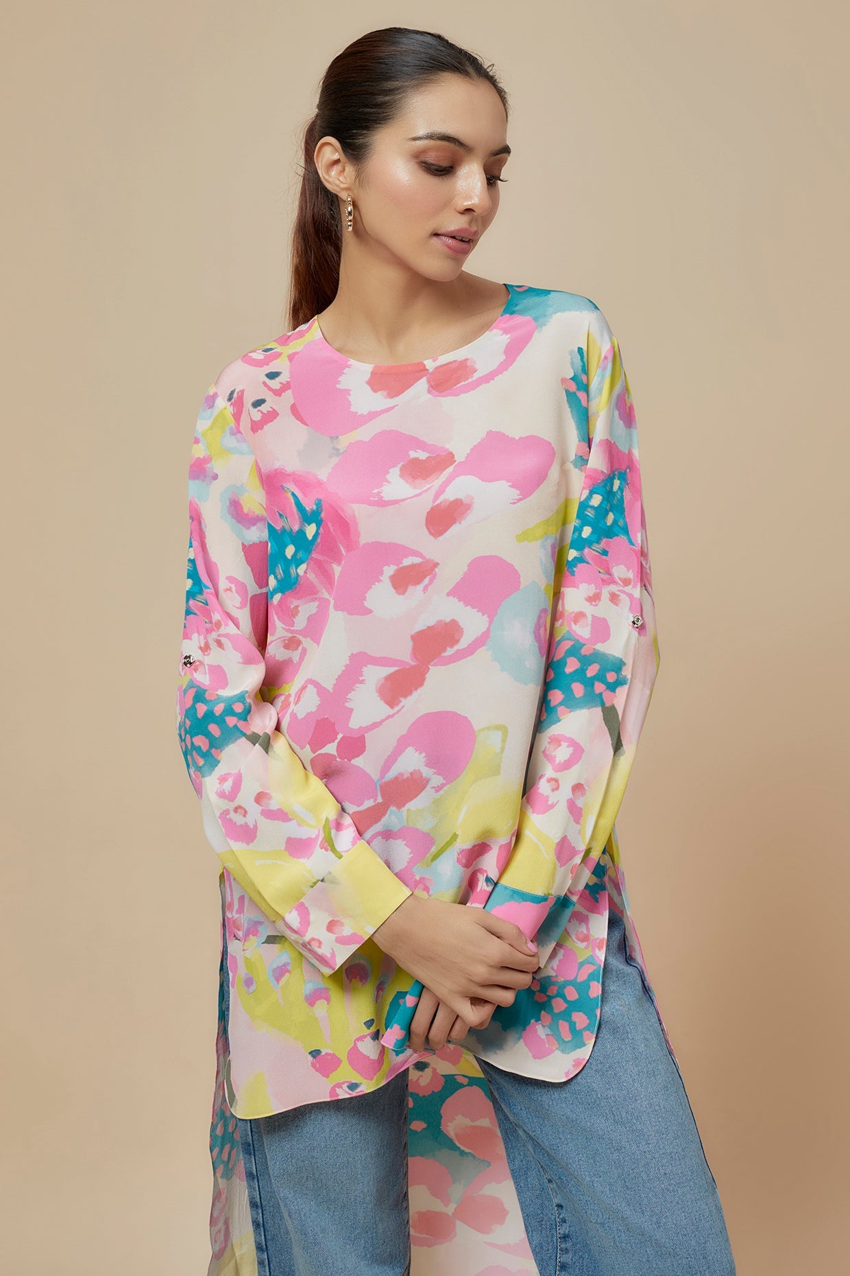 Lime Printed Crepe High Low Tunic With Rolled Up Sleeves