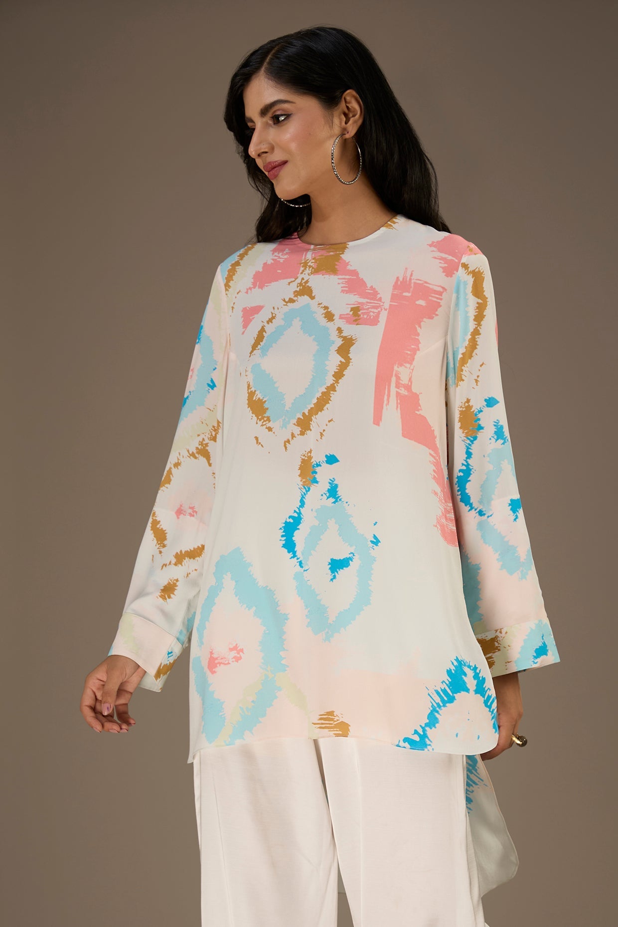 White Printed Rolled Up Sleeves High-Low Tunic