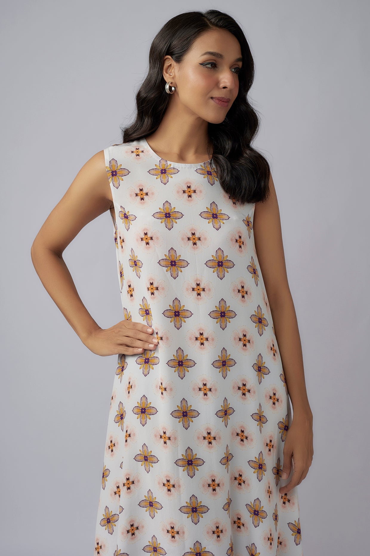 Ivory Printed Crepe Side Tail Tunic