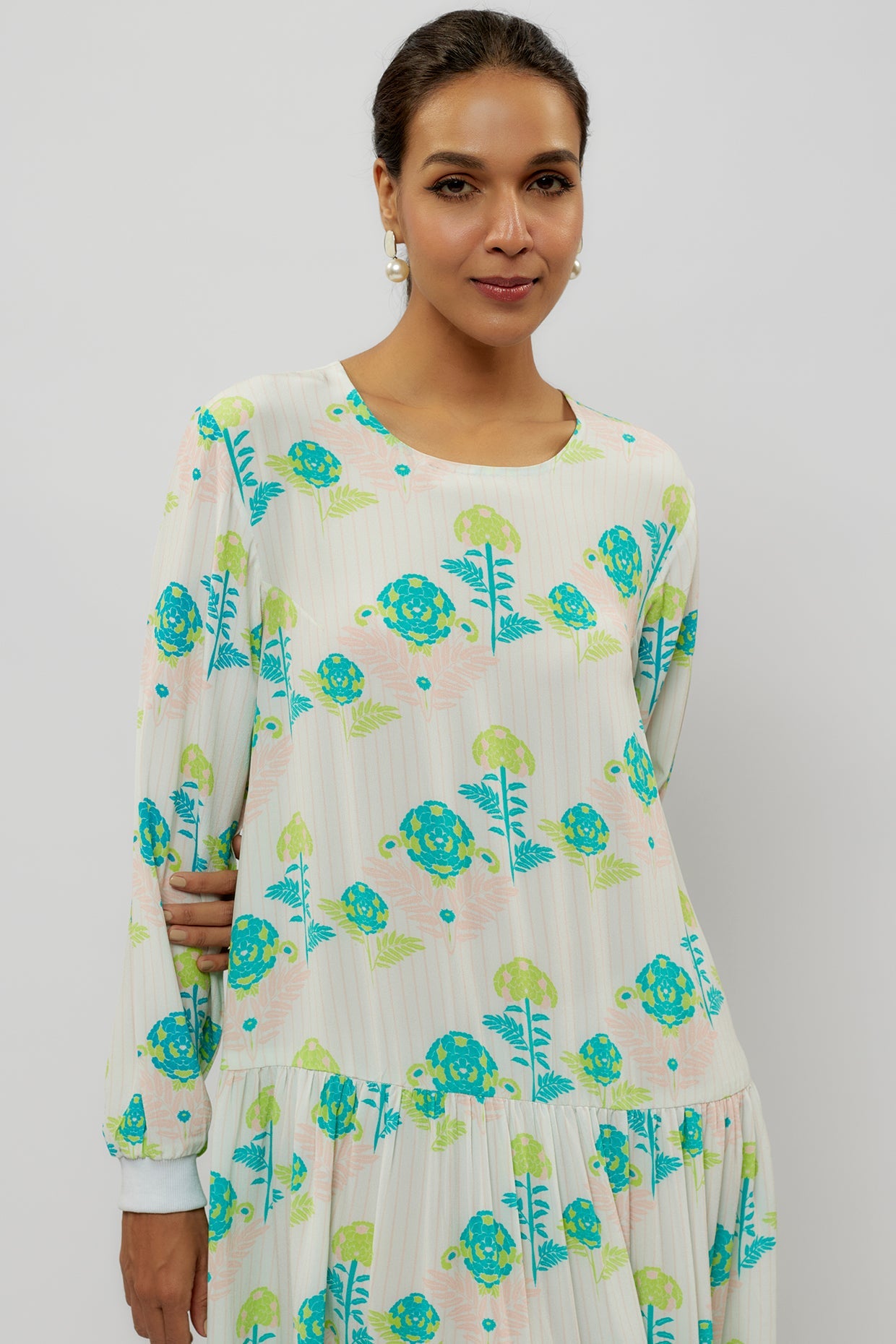 Teal Printed Crepe Frill Hem Tunic