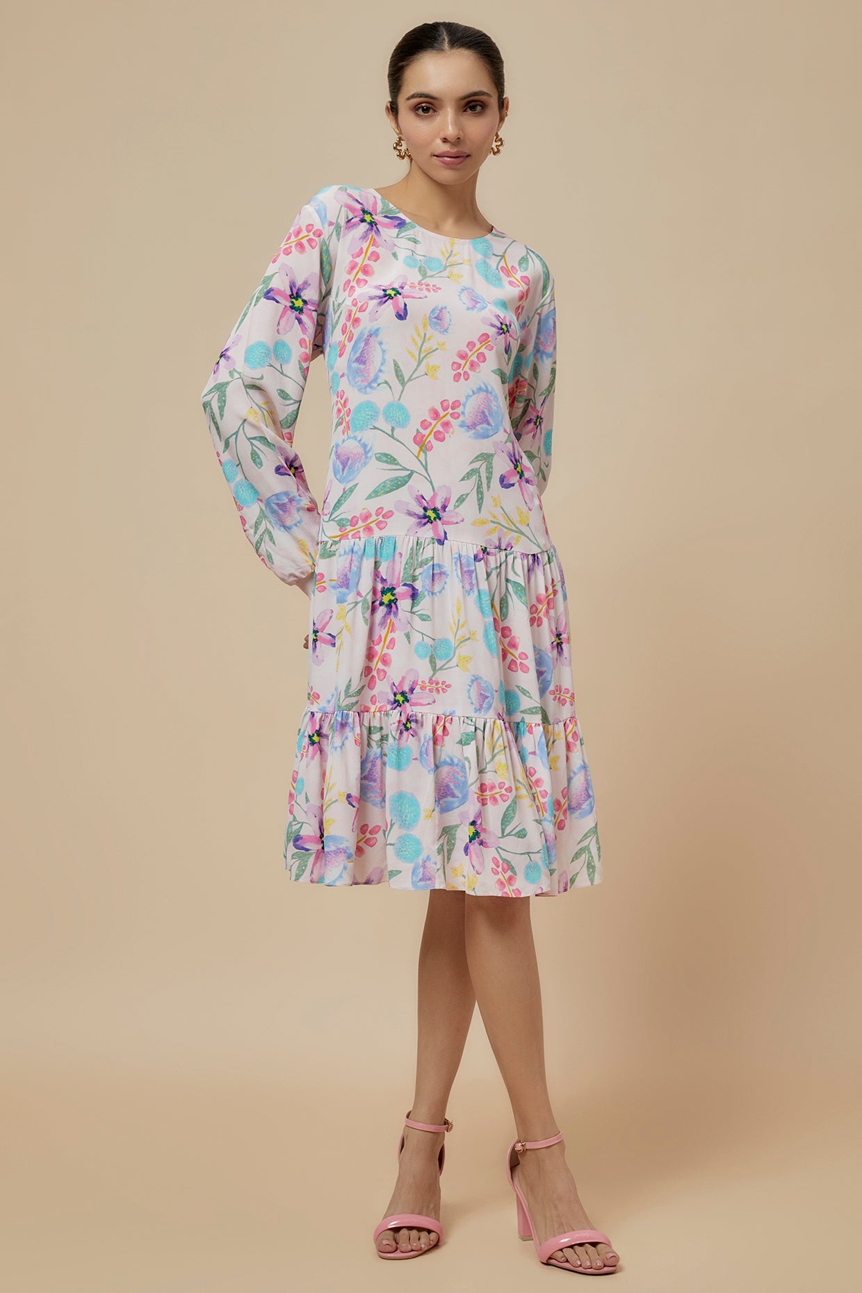 Baby Pink Cream Printed Crepe Frill Hem Tunic