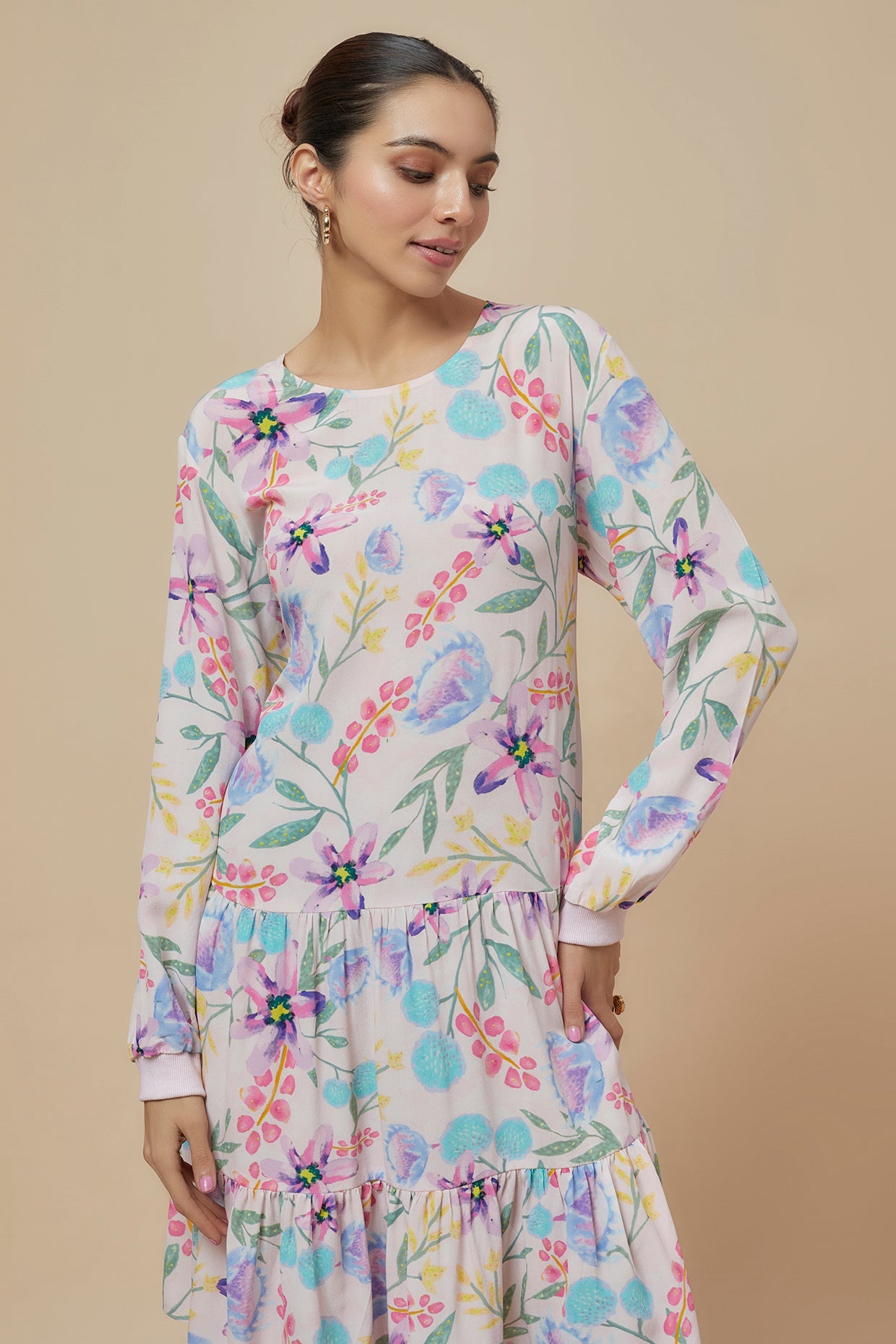 Baby Pink Cream Printed Crepe Frill Hem Tunic