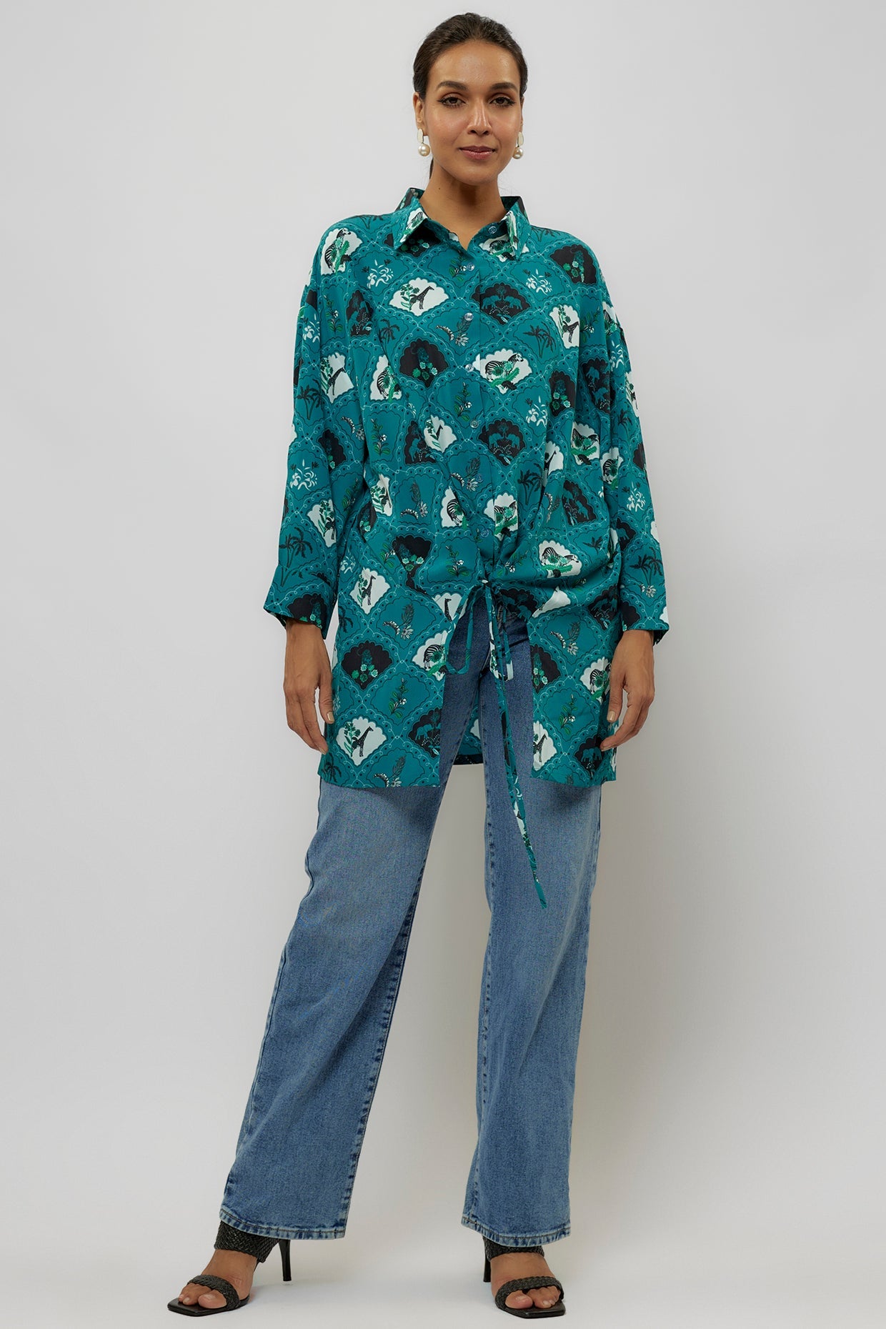 Teal Printed Crepe Shirt Tunic