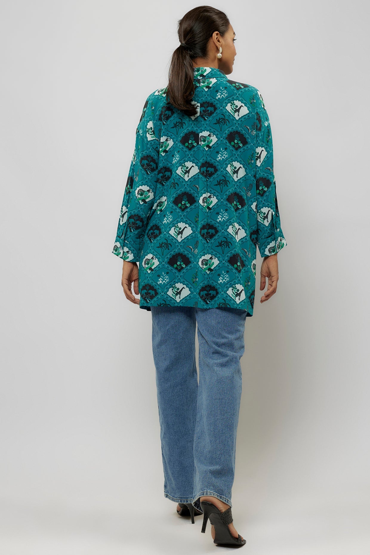 Teal Printed Crepe Shirt Tunic