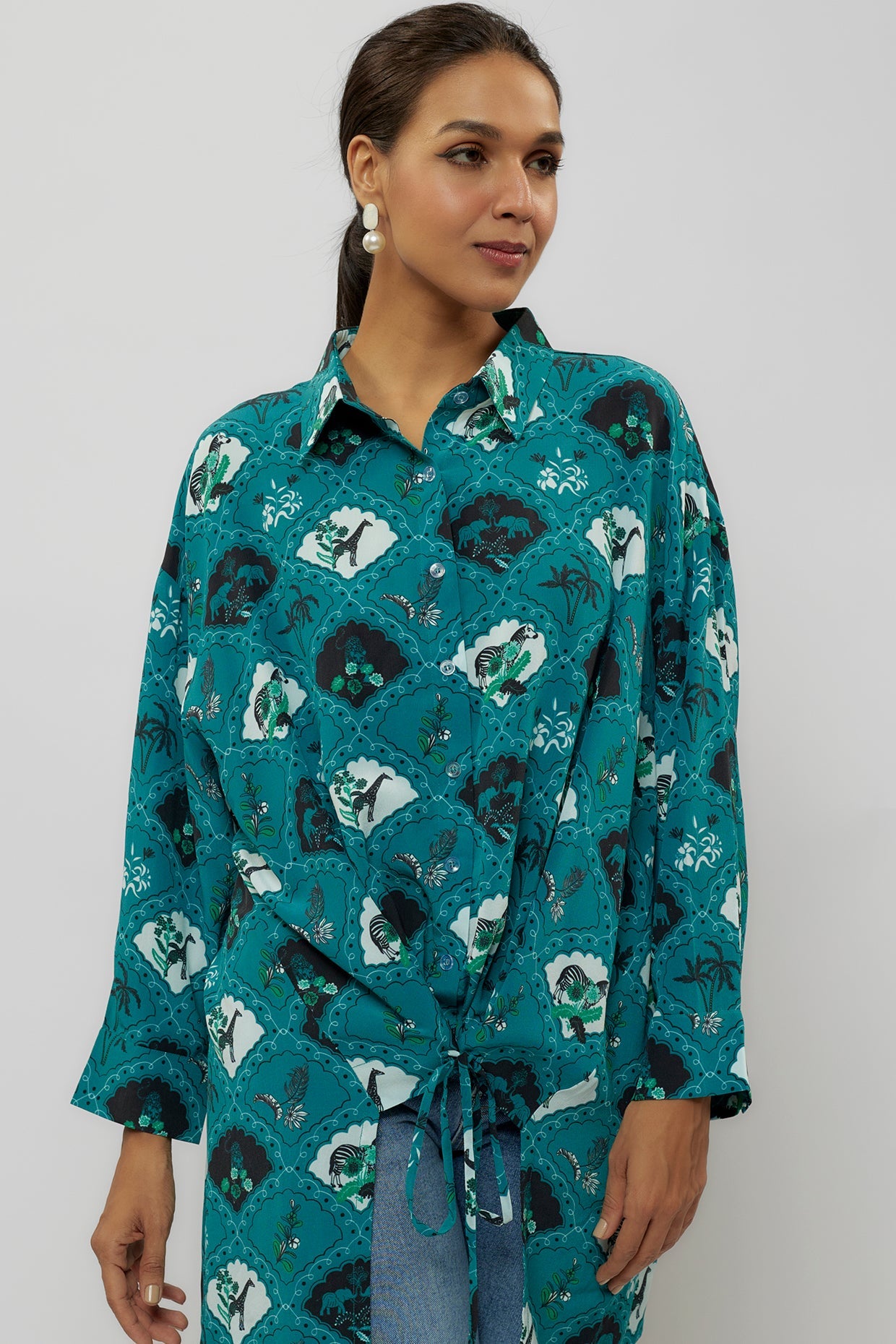 Teal Printed Crepe Shirt Tunic