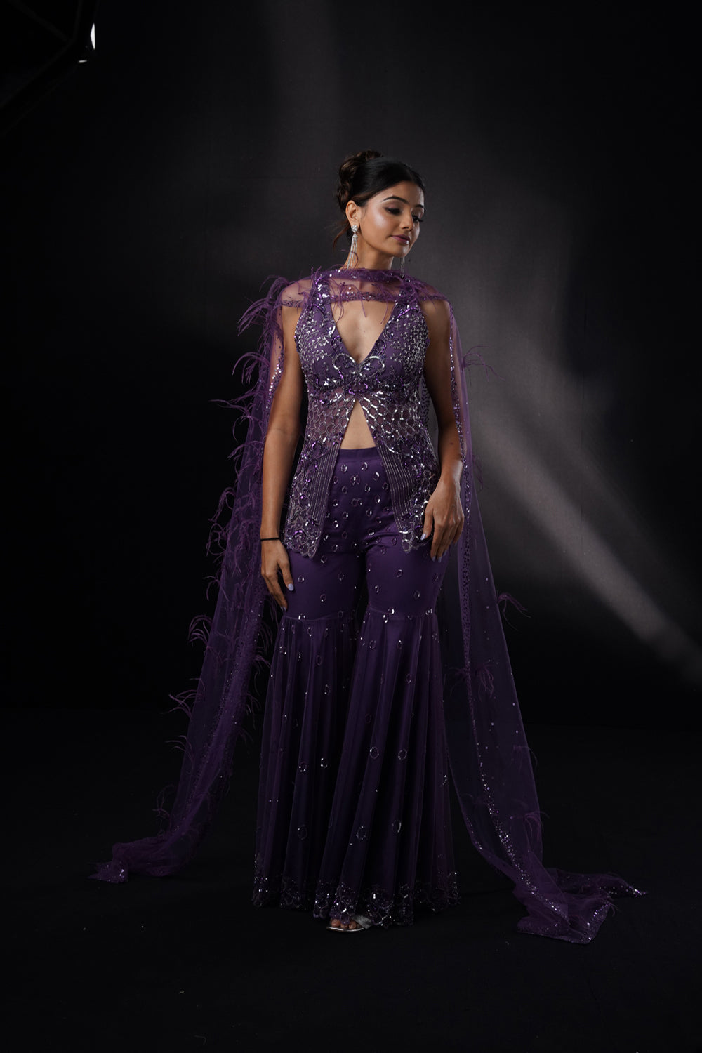 "Jia" Purple Sharara Set With Cape