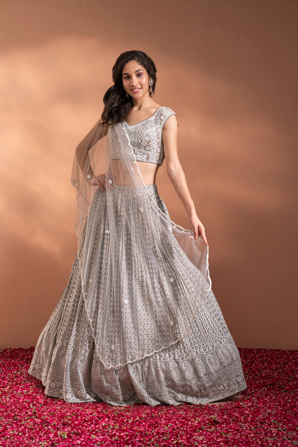 Smoke Grey Lehenga Set In Net & Satin. - Auraya Fashion - Riyaasat - #tag1# - #tag2# - #tag3# - #tag3#