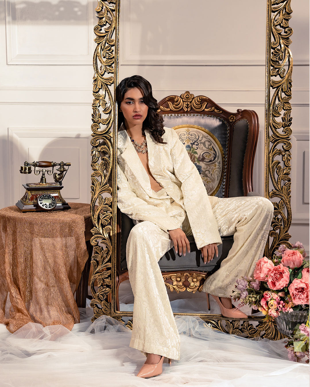 Parisian Dream White Velvet Pantsuit - Elegant Luxury Evening Wear