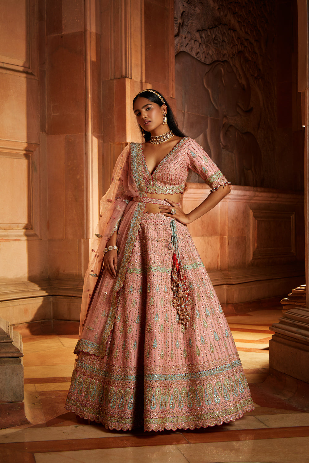 Peach Taffeta Lehenga with Pastel Patchwork & Tulle Dupatta