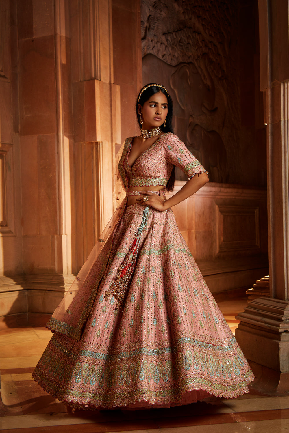 Peach Taffeta Lehenga with Pastel Patchwork & Tulle Dupatta