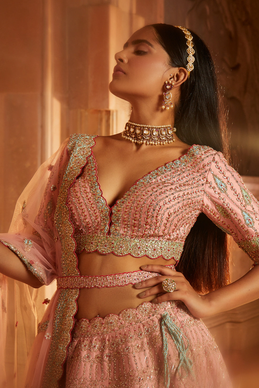 Peach Taffeta Lehenga with Pastel Patchwork & Tulle Dupatta